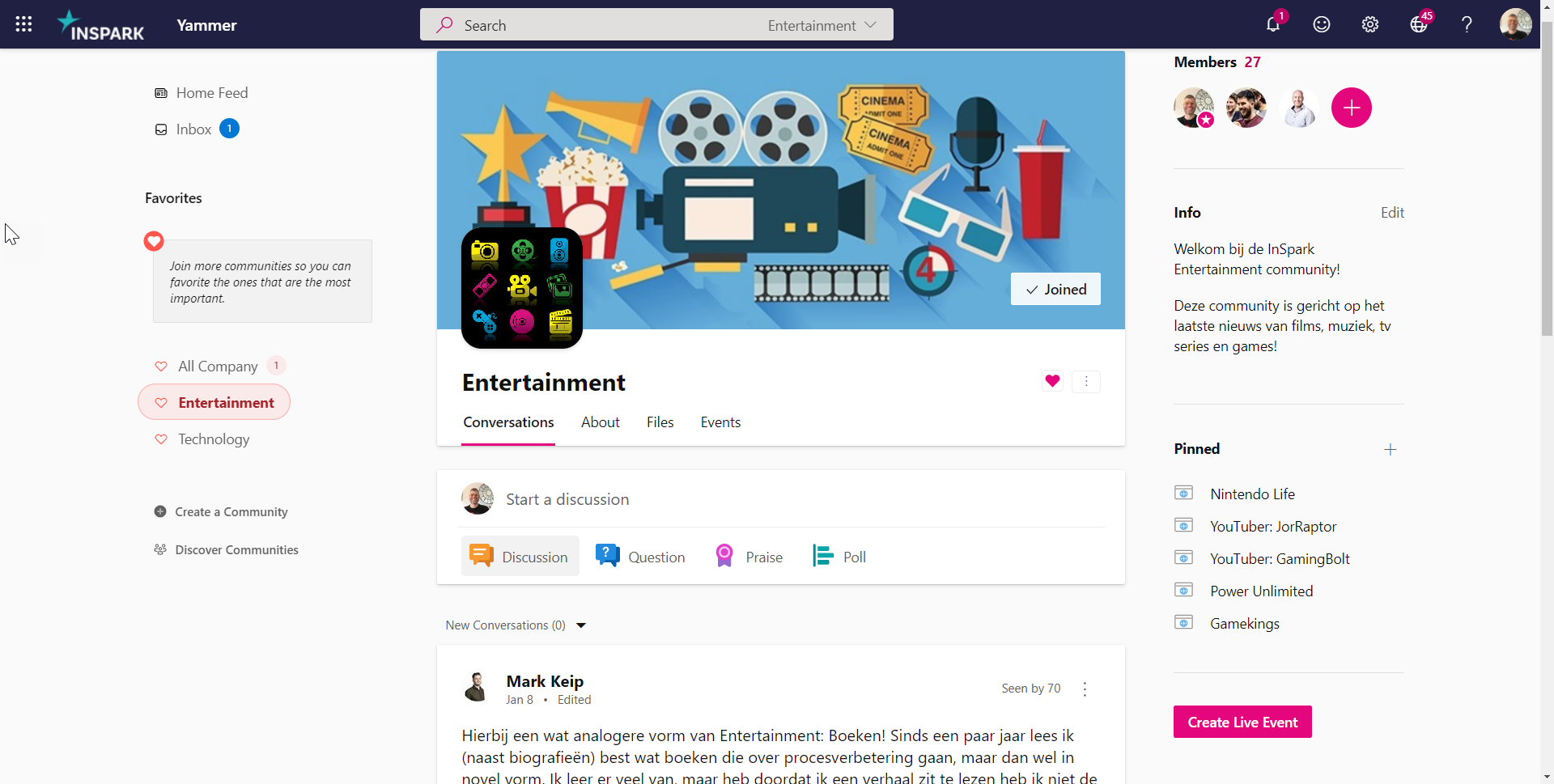 Screenshot of the Yammer entertainment community at Yammer.