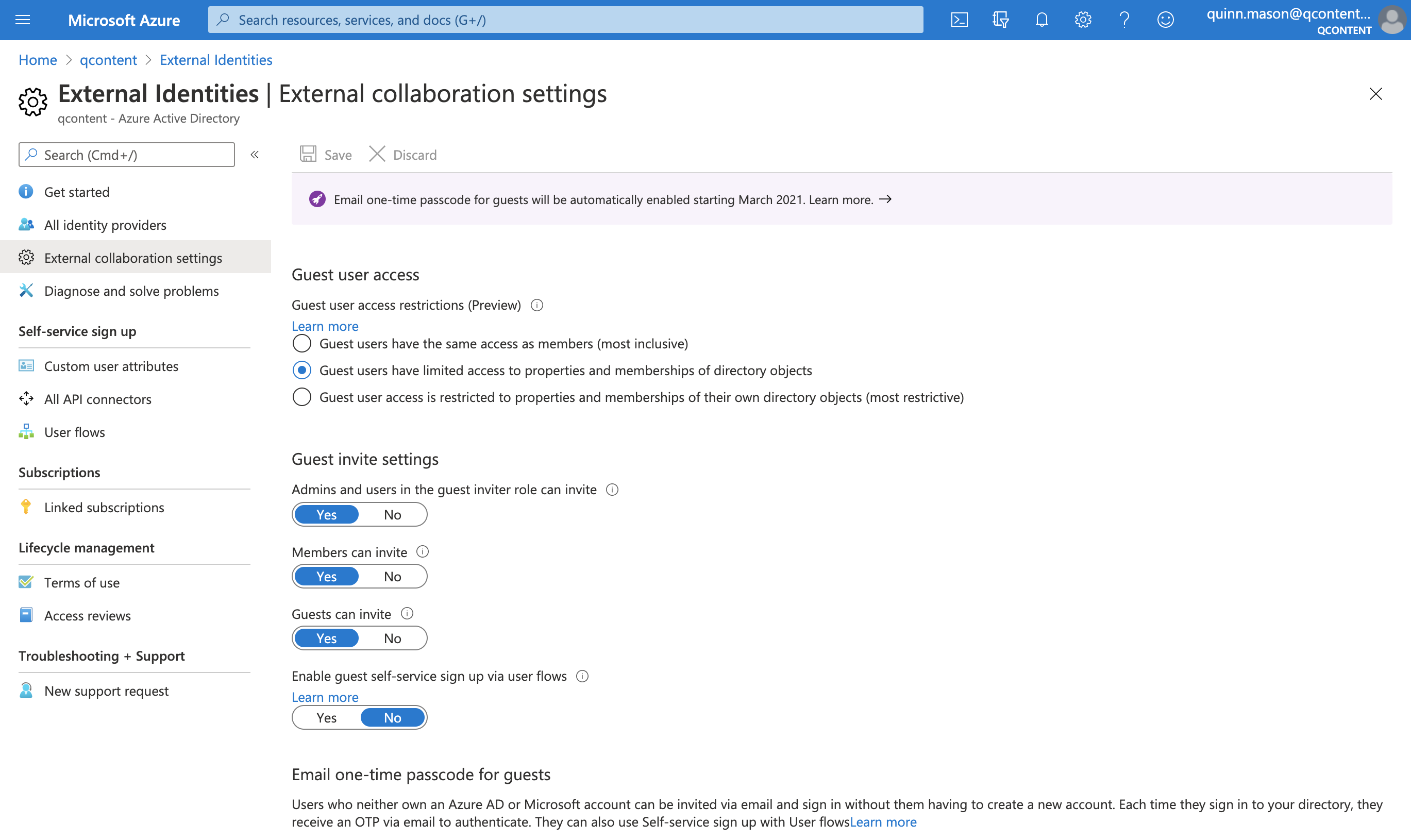 Screenshot of External collaboration settings in Azure AD.