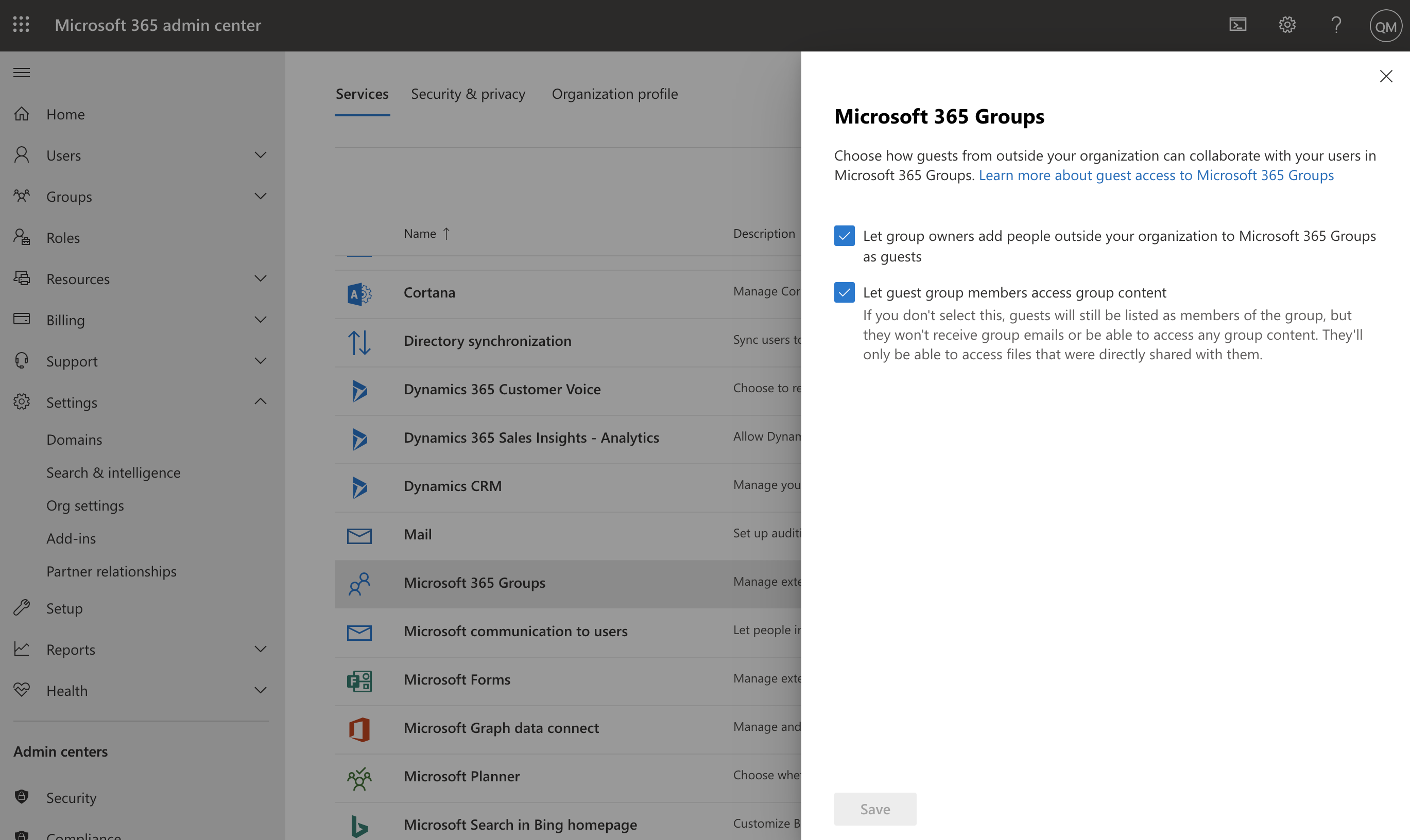 Screenshot of Microsoft 365 Groups guest settings in the Microsoft 365 admin center