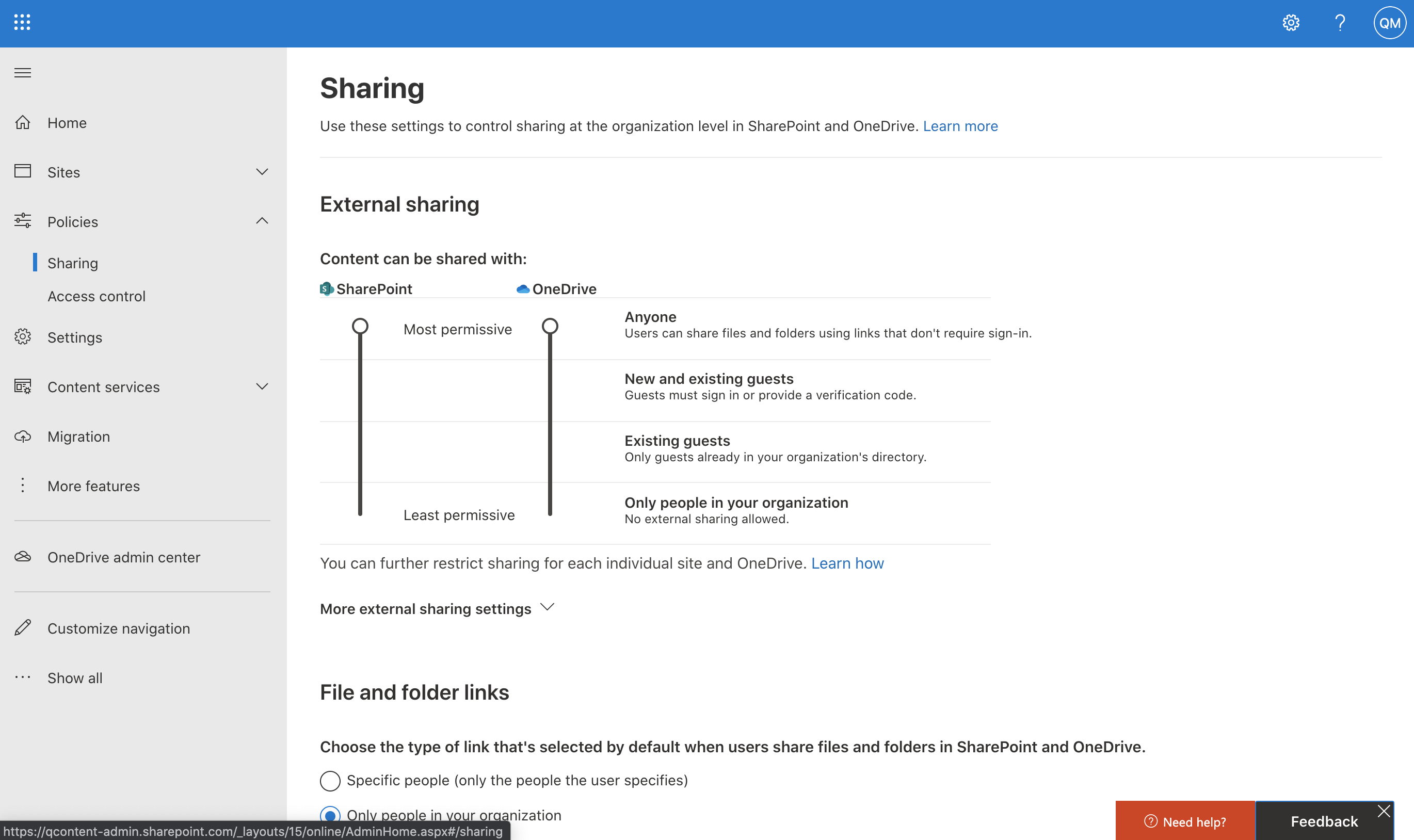 Screenshot of external sharing settings in the SharePoint admin center.