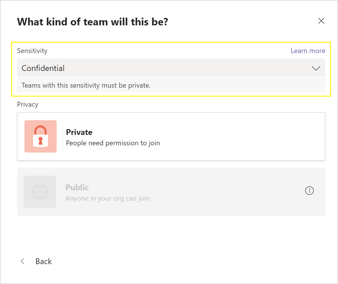 Screenshot of sensitivity label when creating new team.