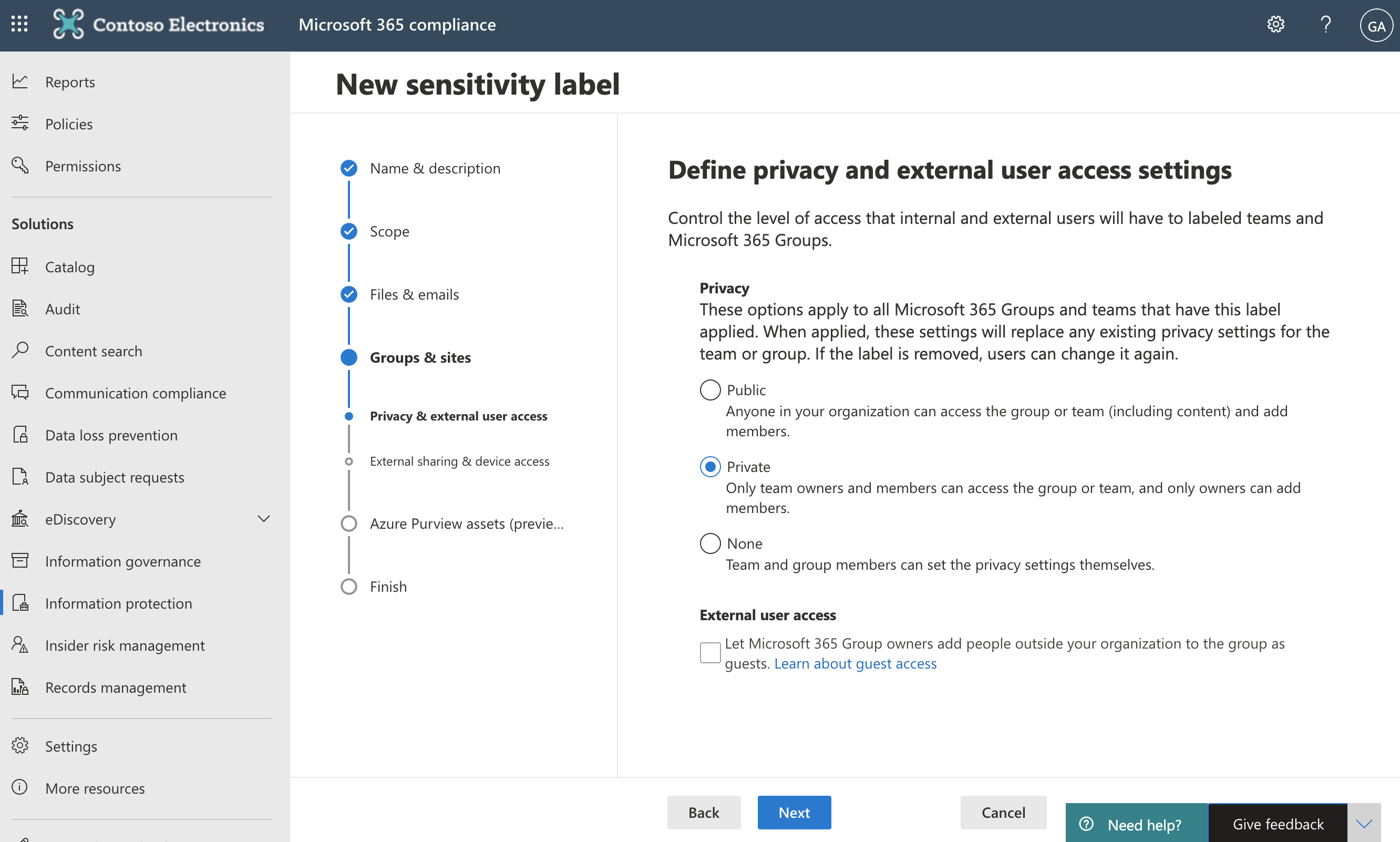 Screenshot of Define privacy and external user access settings page.