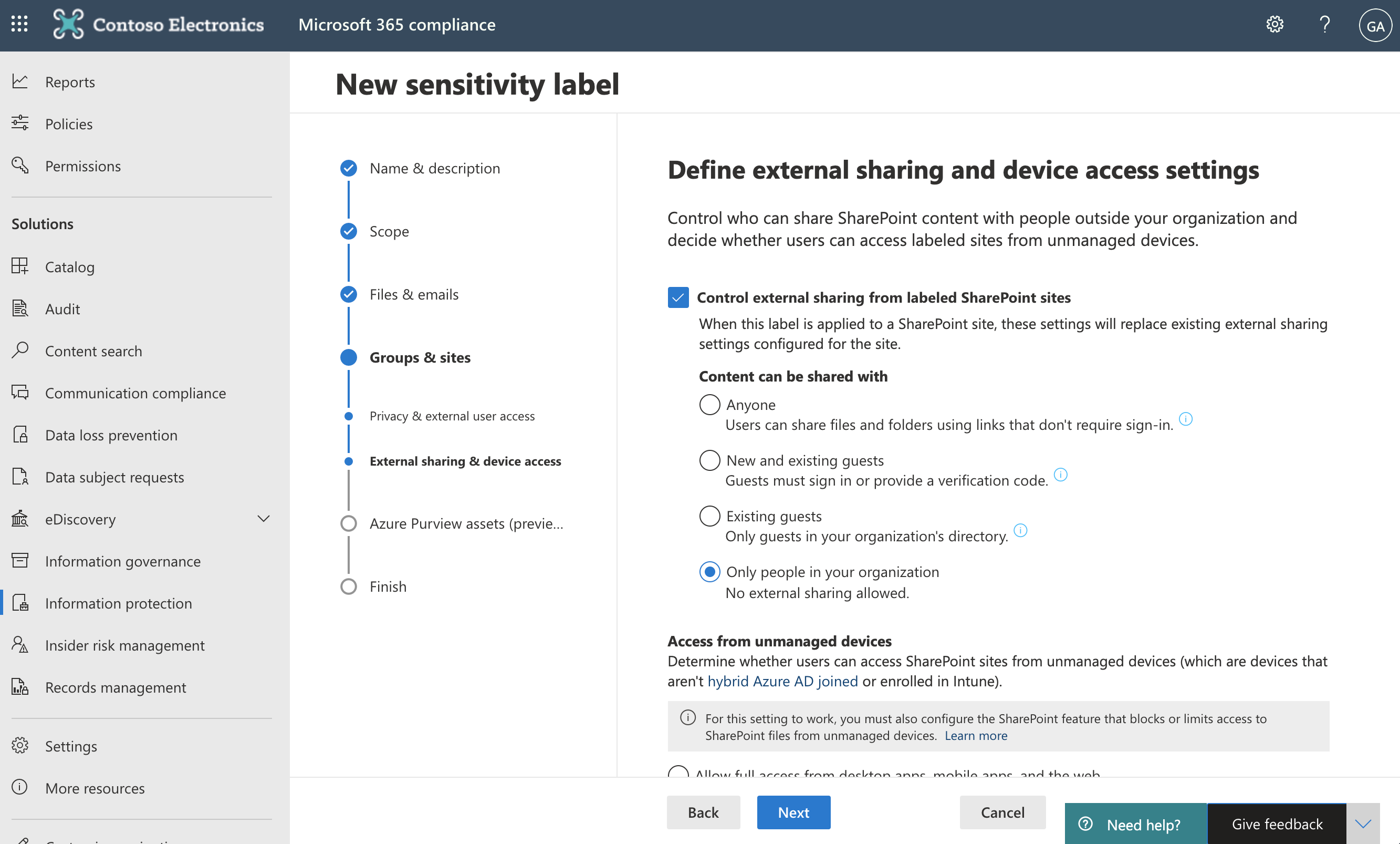 Screenshot of Control external sharing from labeled SharePoint sites settings.