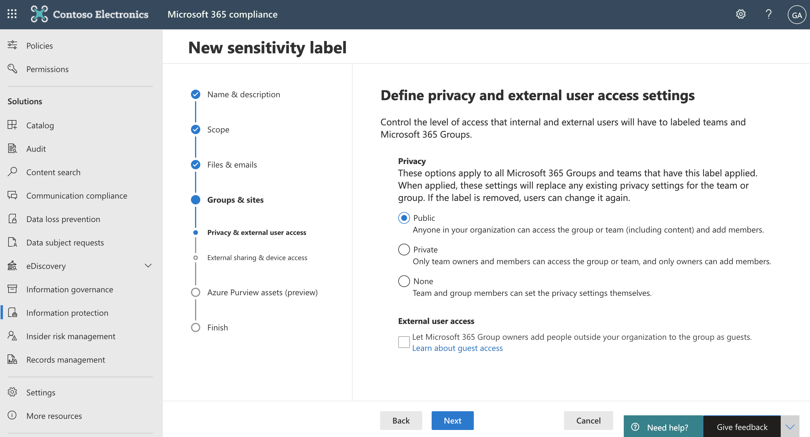 Screenshot of Define privacy and external user access settings in tthe Microsoft 365 compliance center.