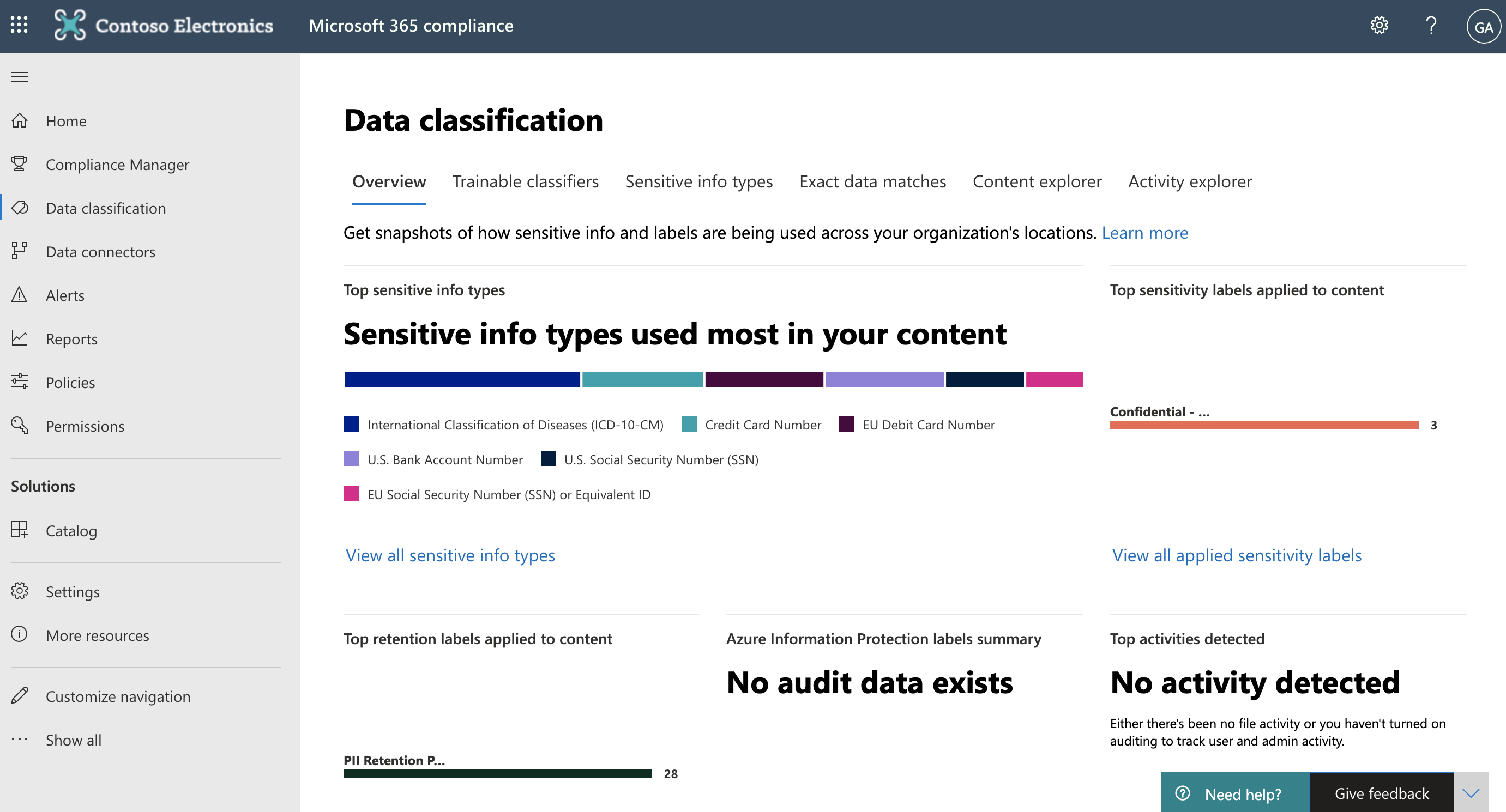 Screenshot of the Data classification page in the Microsoft 365 compliance center.