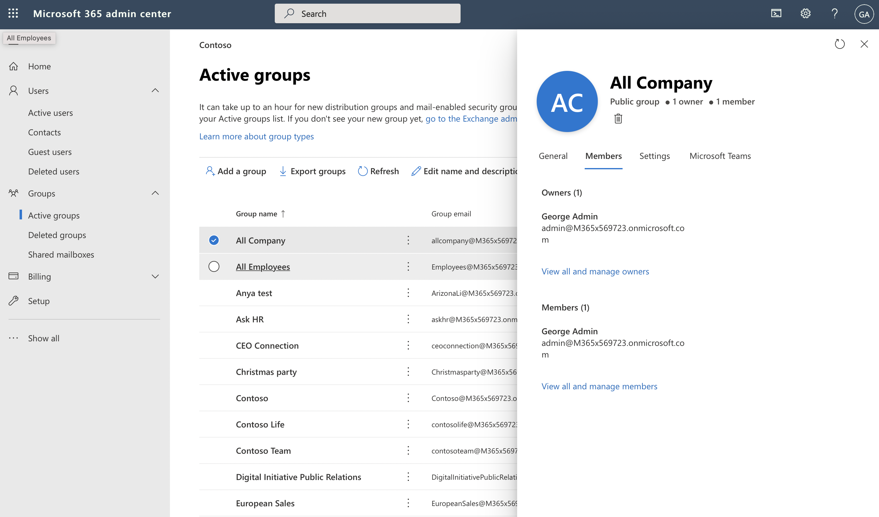Screenshot of details for a Microsoft 365 group in the admin center.