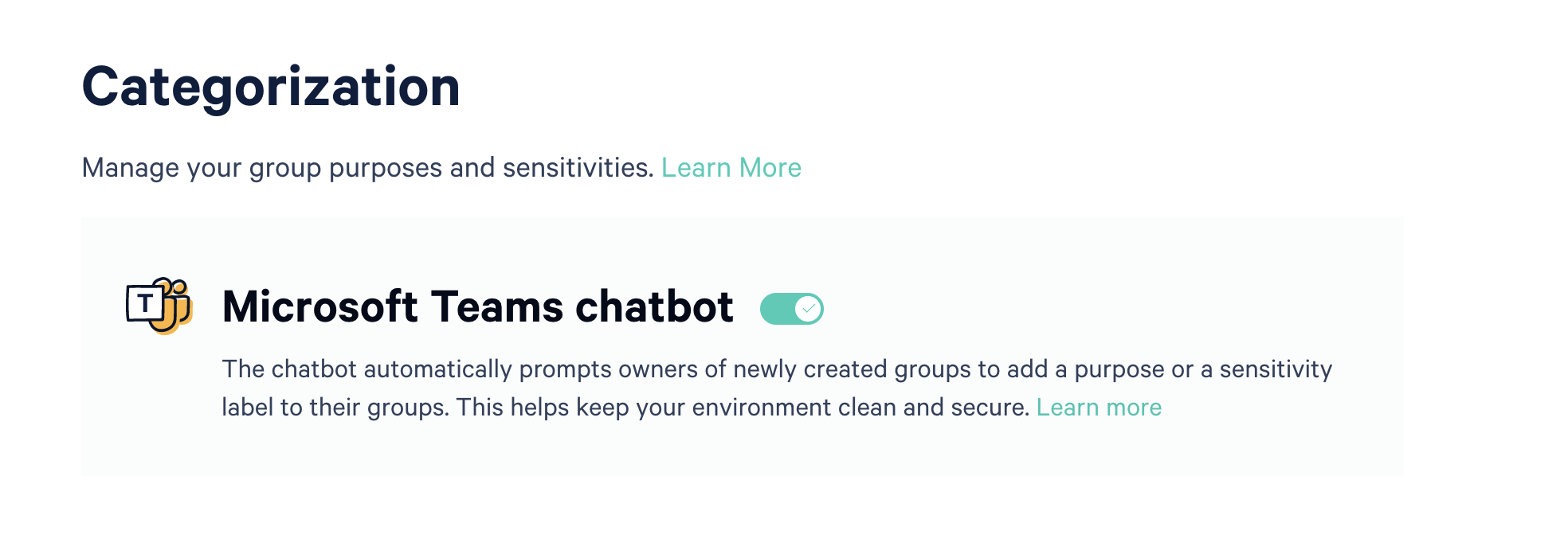 Screenshot of toggle to activate Microsoft Teams chatbot.