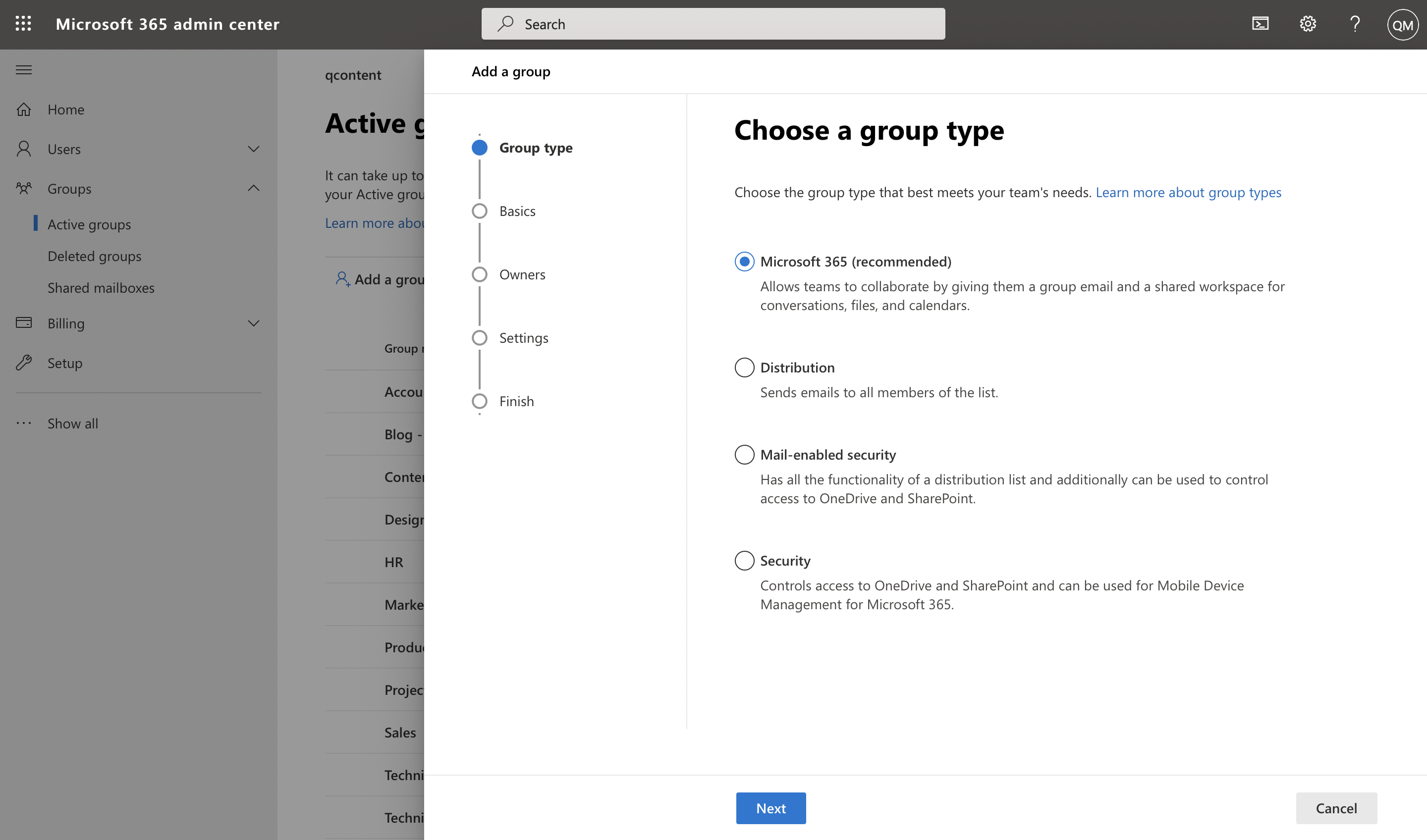 Screenshot of user selecting group type in Microsoft admin center
