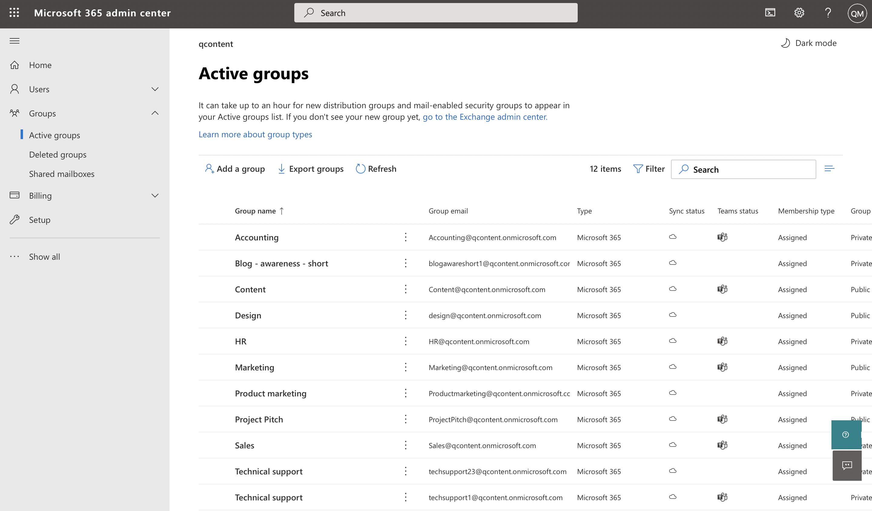 Screenshot of active groups in Microsoft admin center
