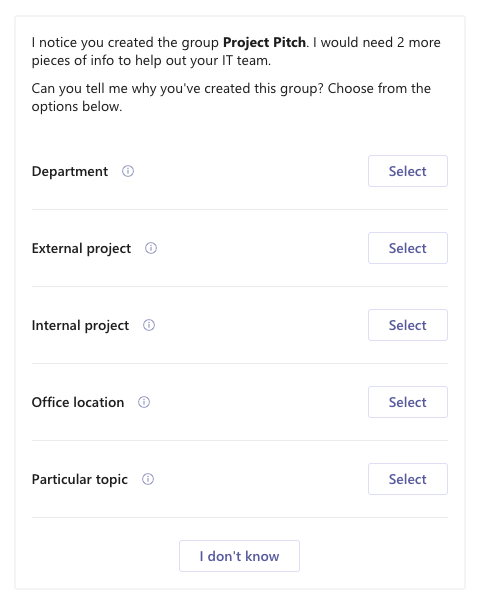 Screenshot of group purpose options presented by ShareGate bot in Teams.