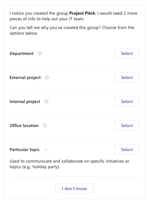 Screenshot of group purpose options with descriptions for "Particular topic" option expanded.