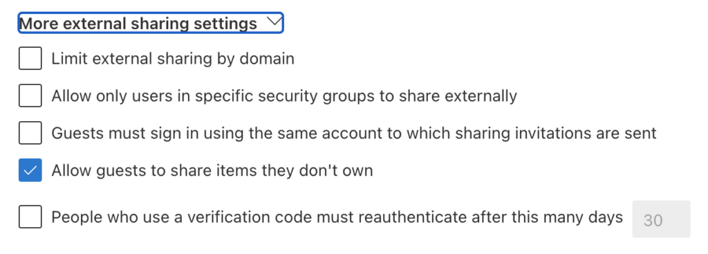Screen Shot of sharing settings in Microsoft 365