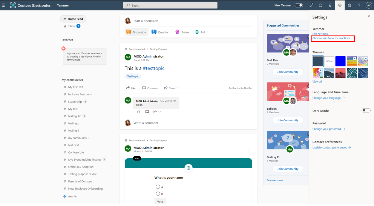 Screenshot of Yammer settings.