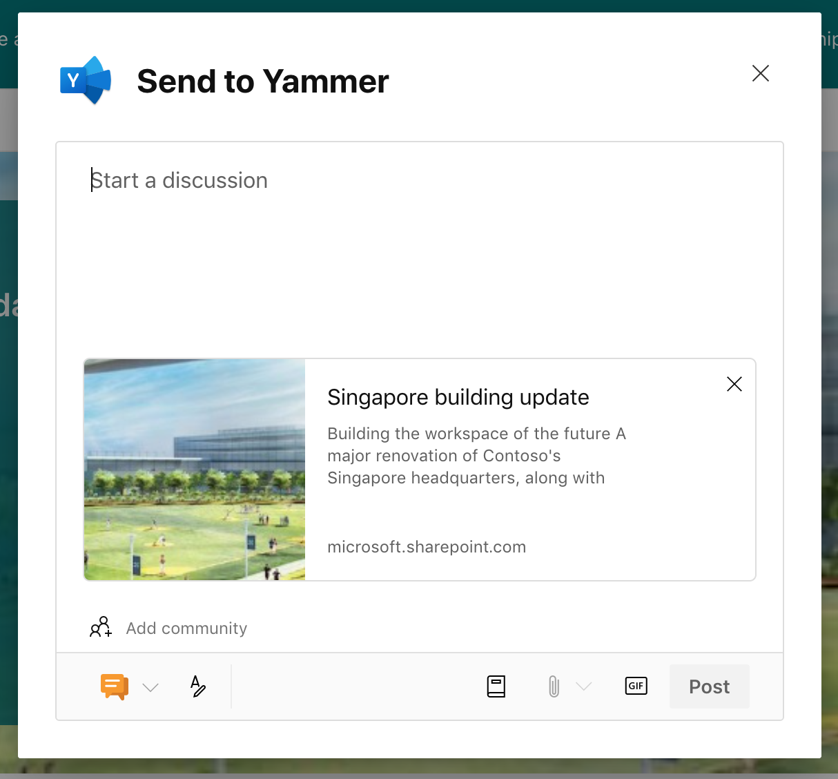 Screenshot of Send to Yammer dialog.