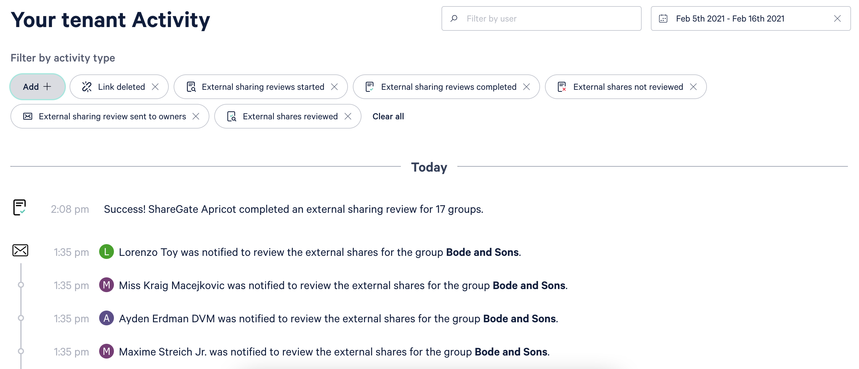 Screenshot of activity log in ShareGate.