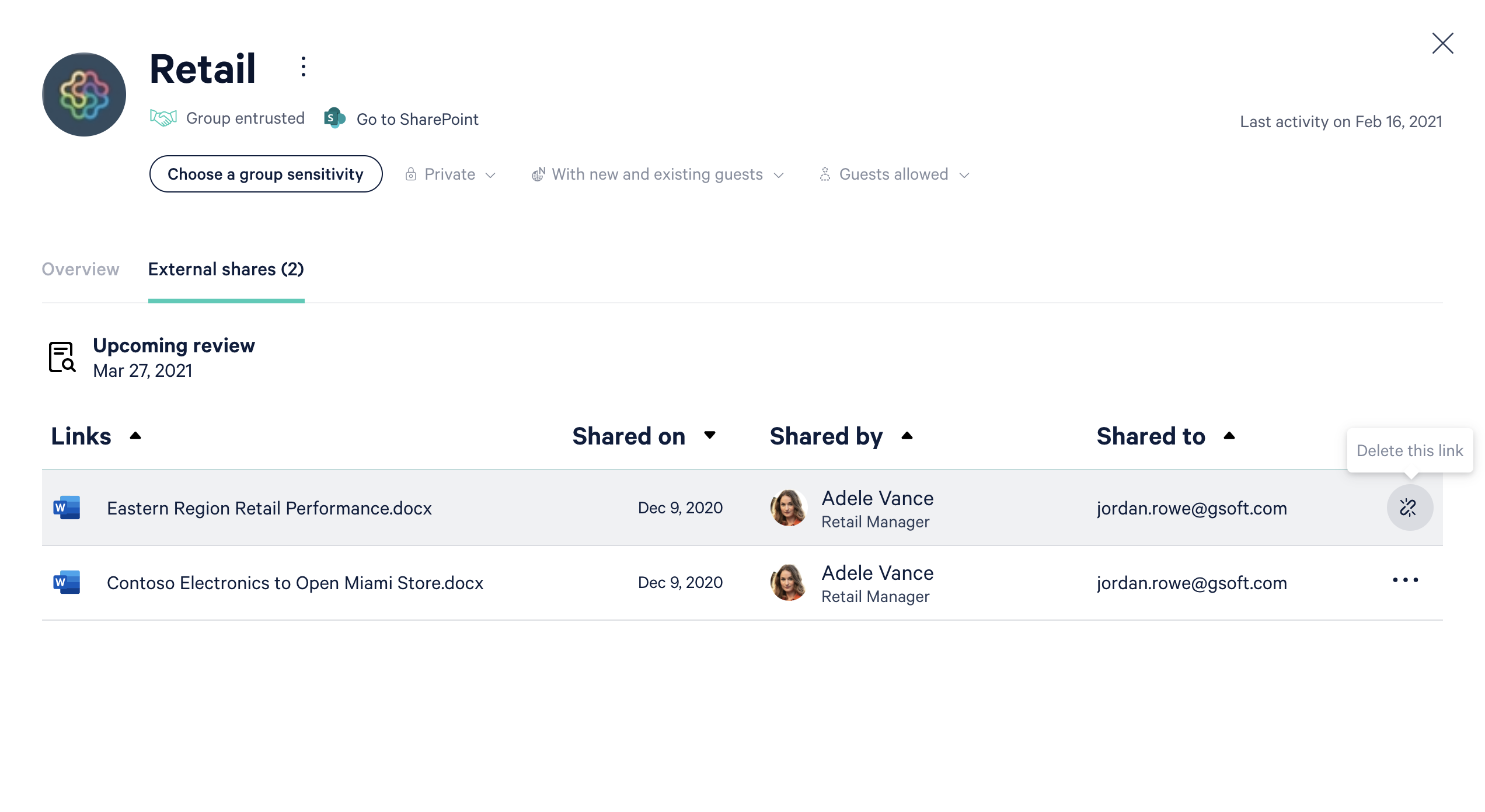 Screenhsot of external sharing link details for the Retail team.