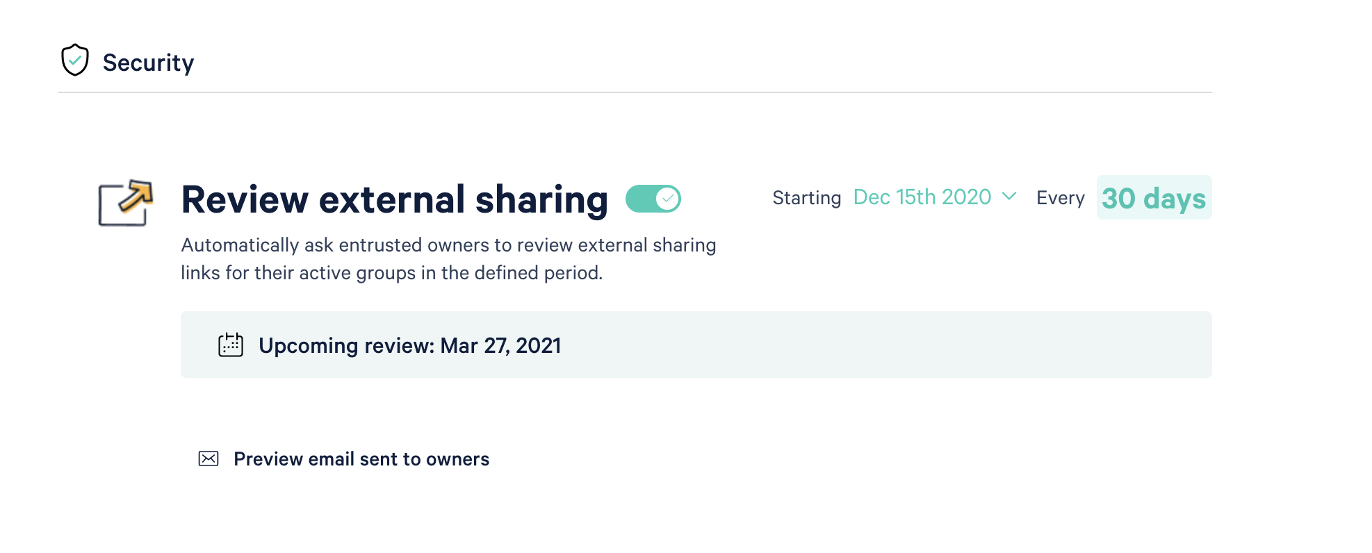 Screenshot of toggle next to Review external sharing policy in ShareGate settings.