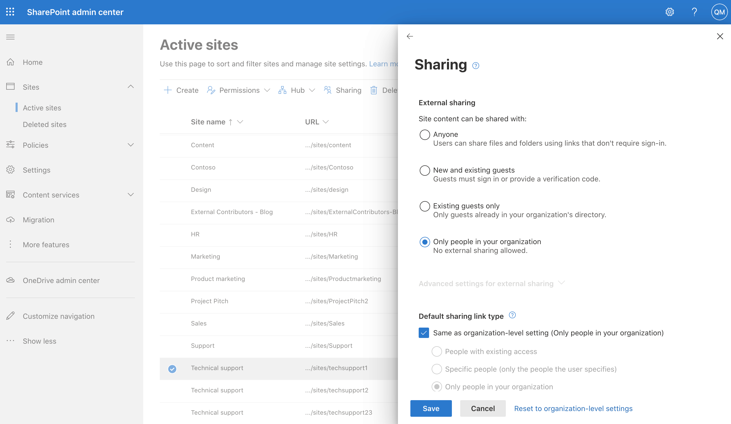 Screenshot of Sharing settings in the SharePoint admin center.