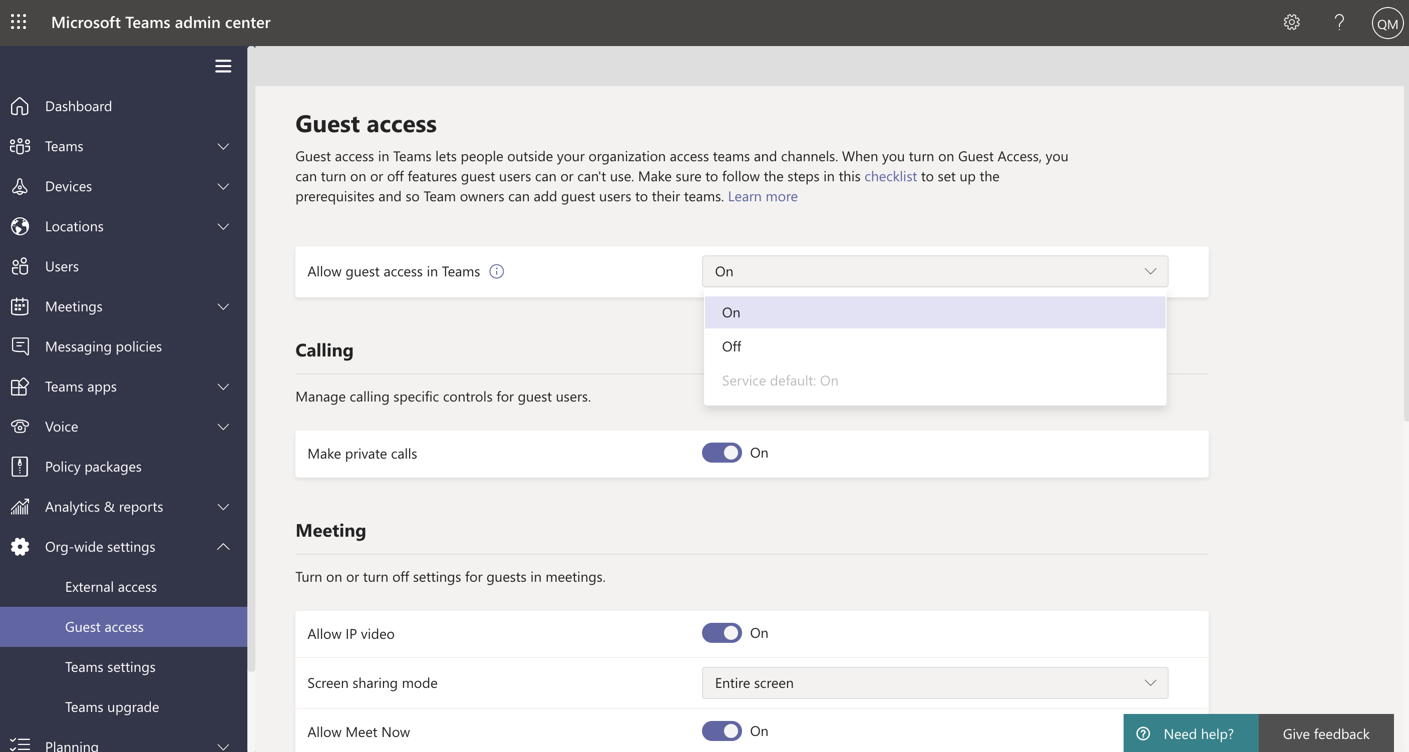 Screenshot of guest access settings in Teams admin center.