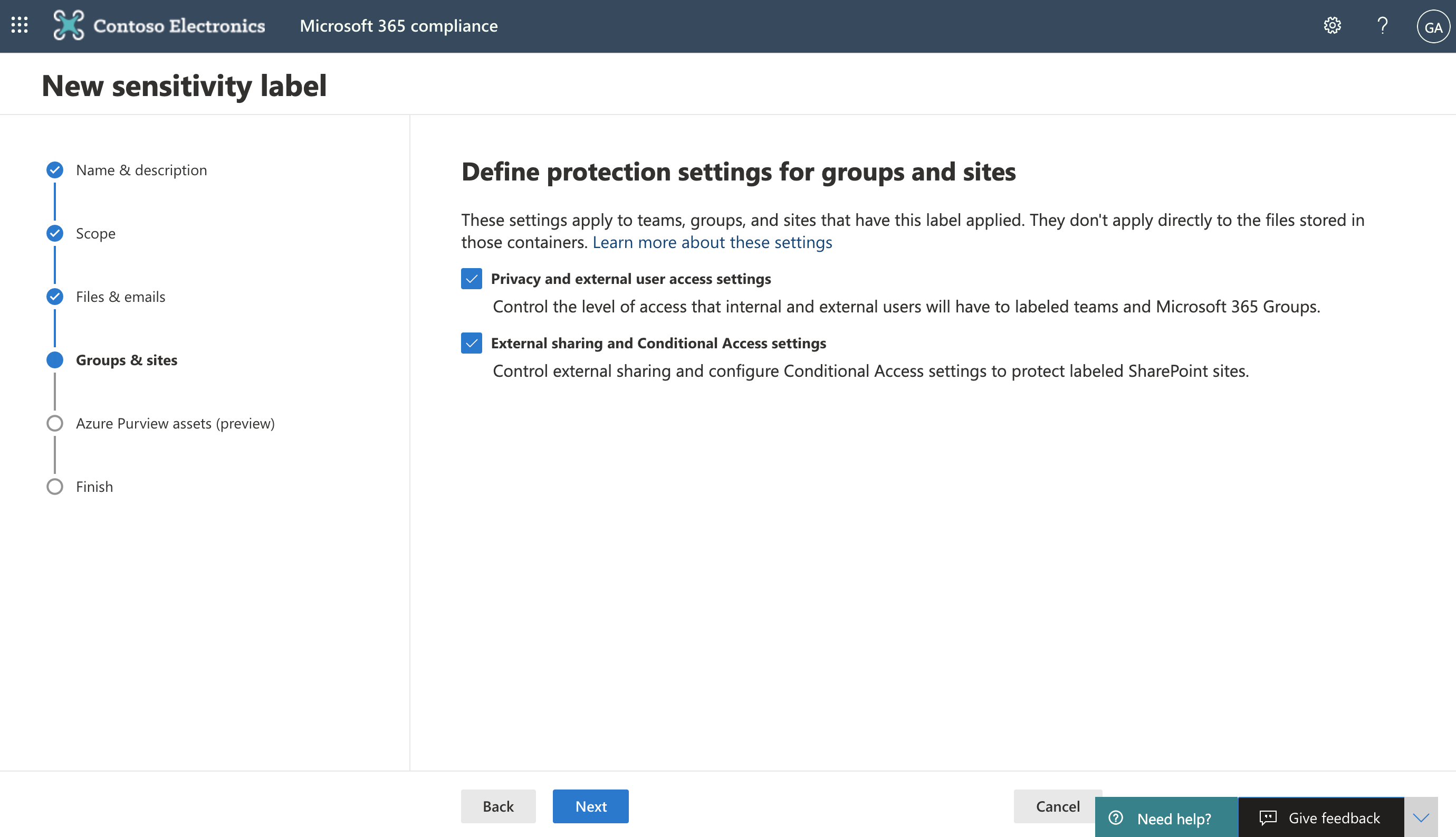 Screenshot of Define protection settings for groups and sites page.