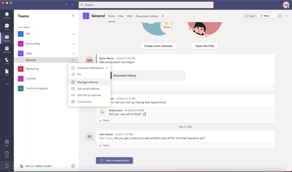 Screen shot of how to manage a channel in Microsoft Teams