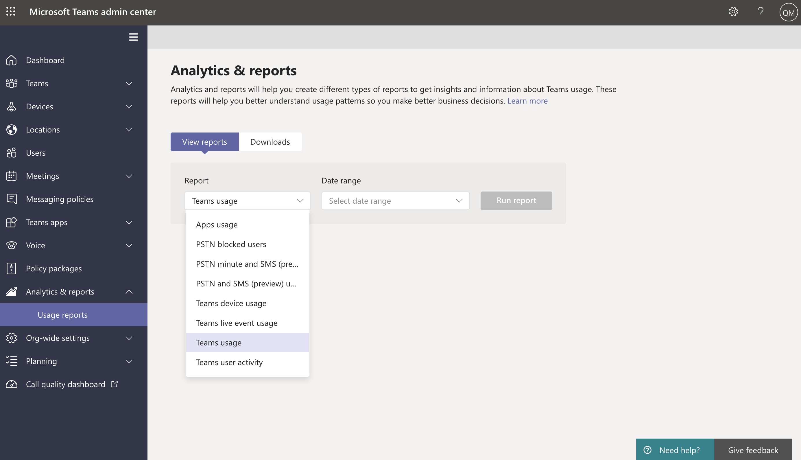 Screenshot of Usage reports in Teams admin center.