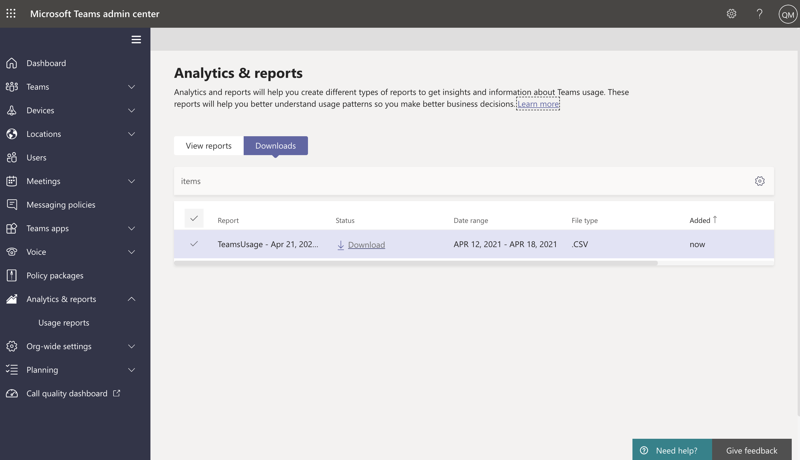 Screenshot of Downloads tab in the Analytics & reports section of the Teams admin center.