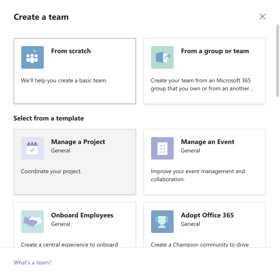 Screenshot of available teams templates from POV of user creating a team in Teams.