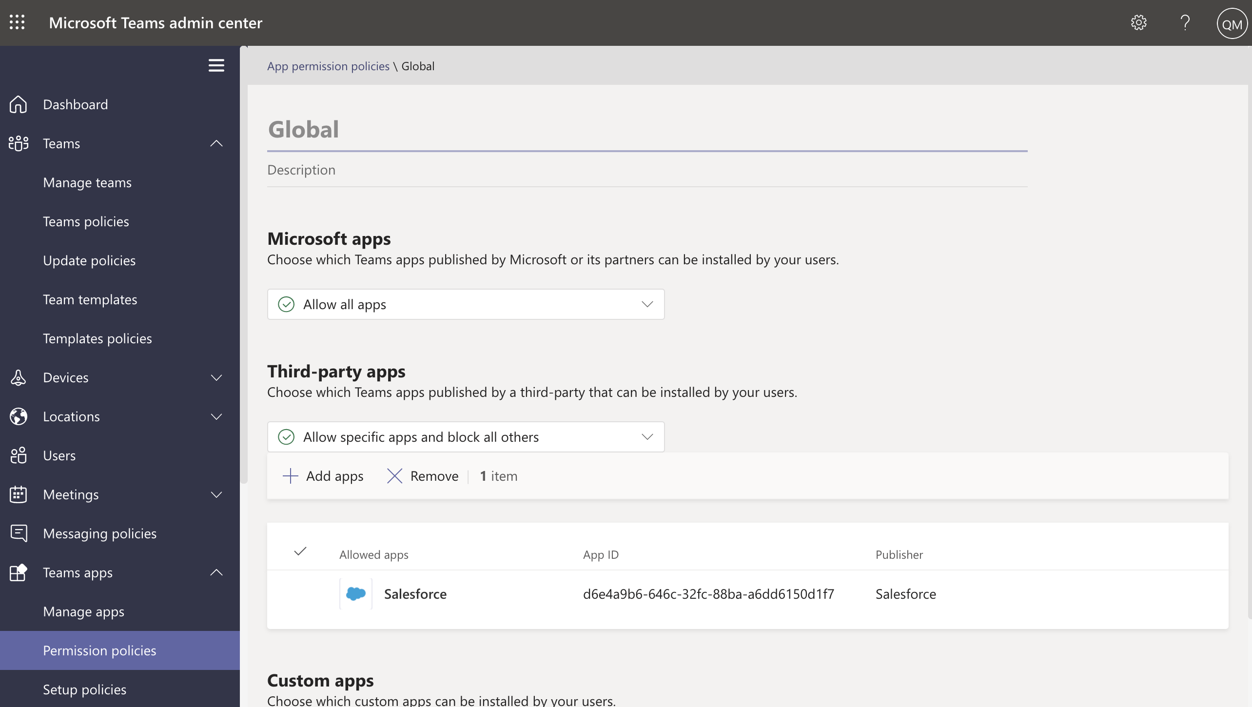 Screenshot of admin creating a global app policy in the Teams admin center.