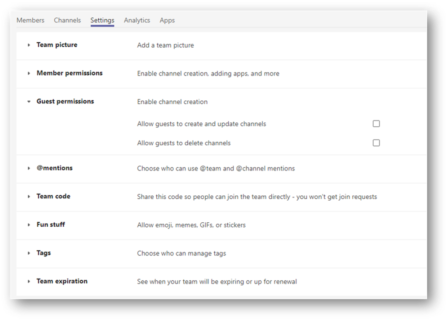 Screenshot showing a team's settings in the Microsoft Teams client.