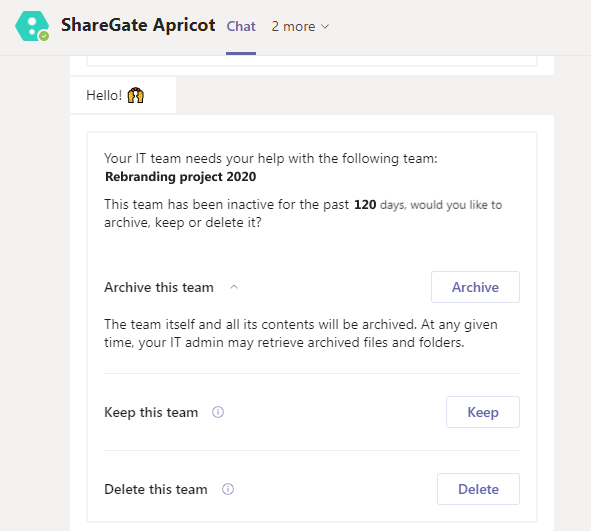 ShareGate chatbot for inactive teams and groups