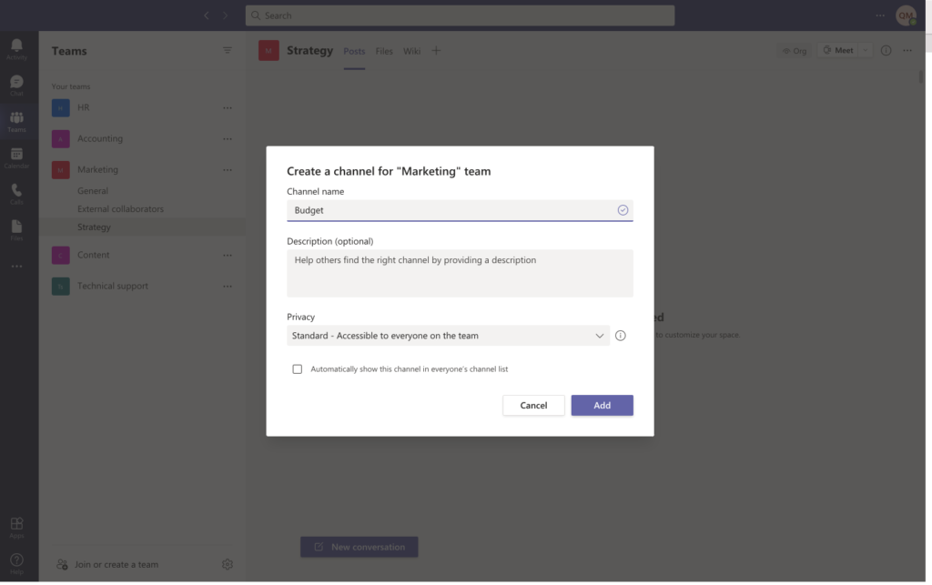 Create a channel for every assignment or project in Microsoft Teams