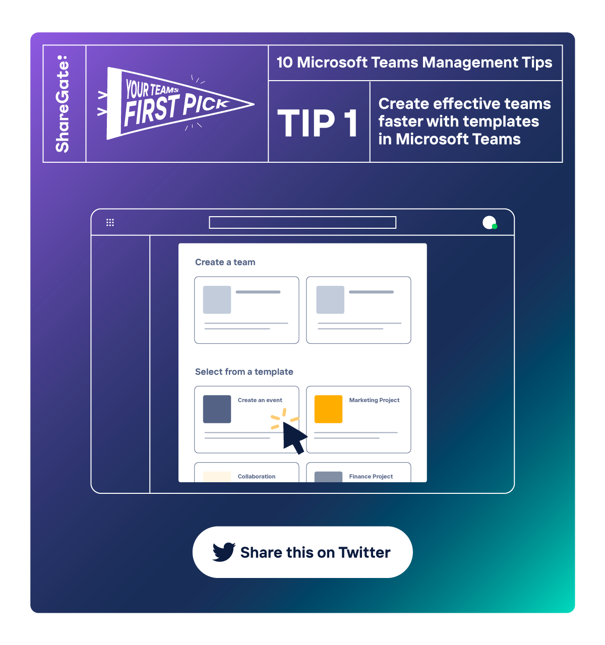 Illustrated infographic showing tip 1: Create effective teams faster with templates.