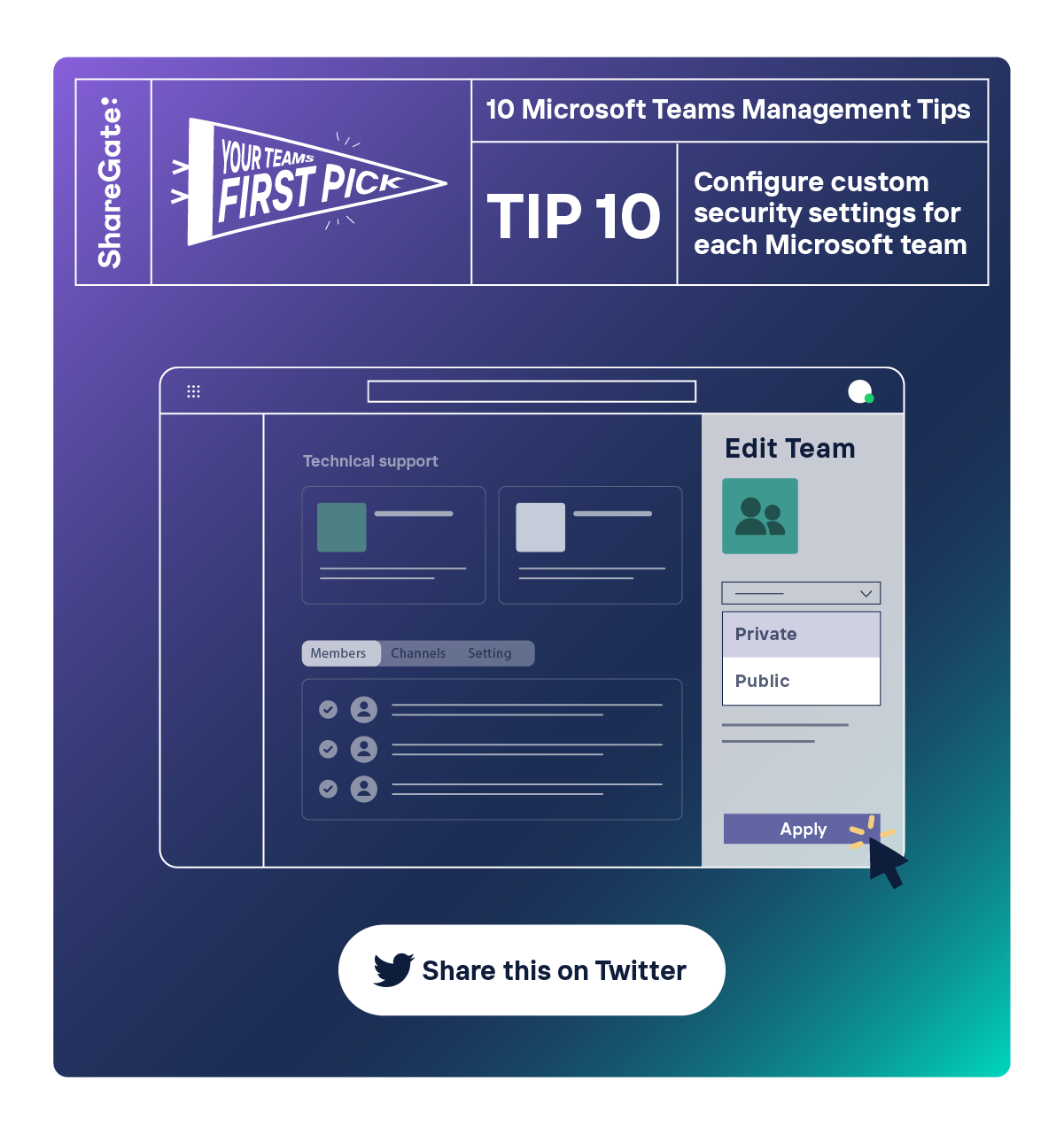 Illustrated infographic showing tip #10: Configure custom security settings for each Microsoft team.