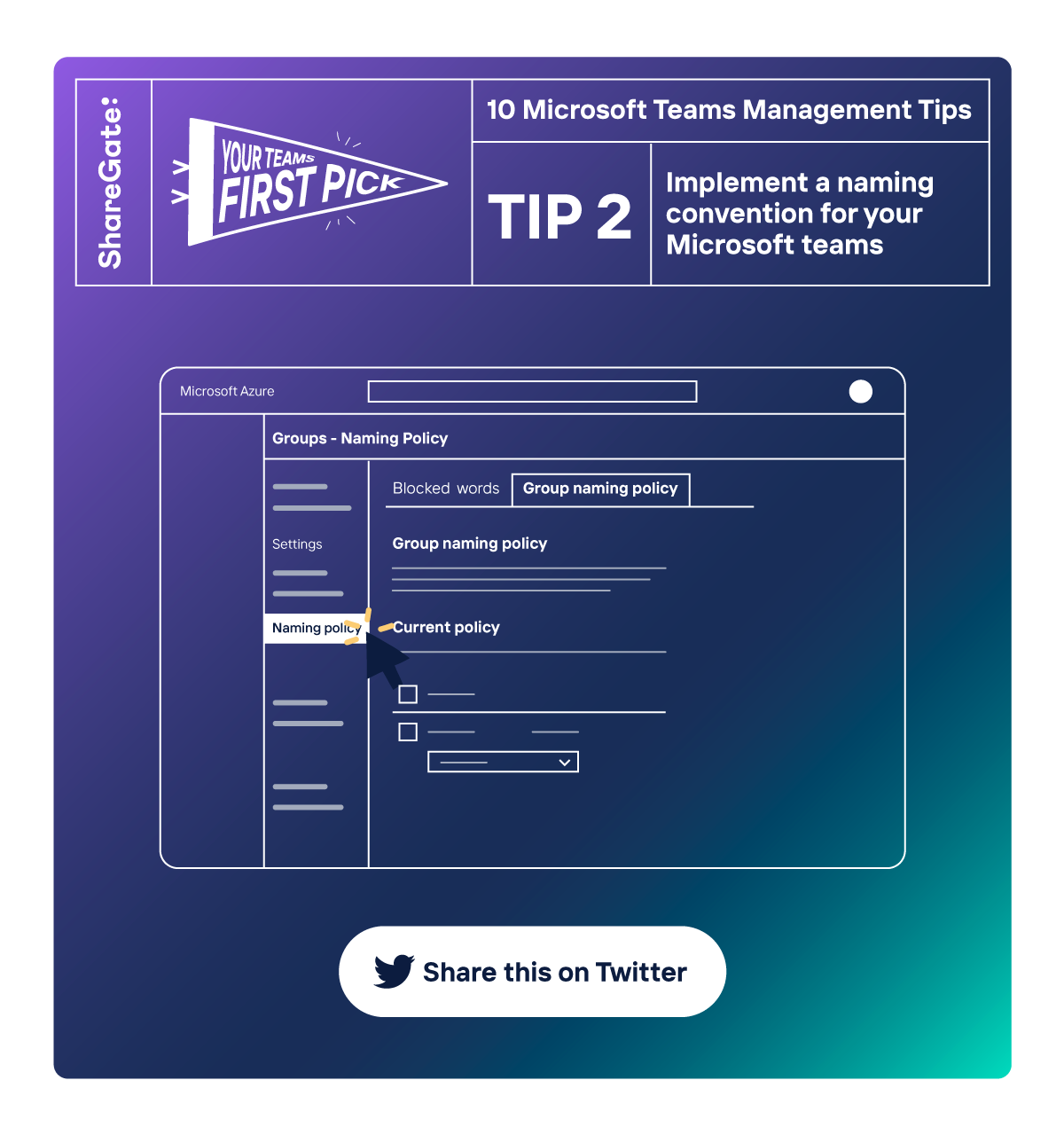 Illustrated infographic showing tip #2: Implement a naming convention for your Microsoft teams.