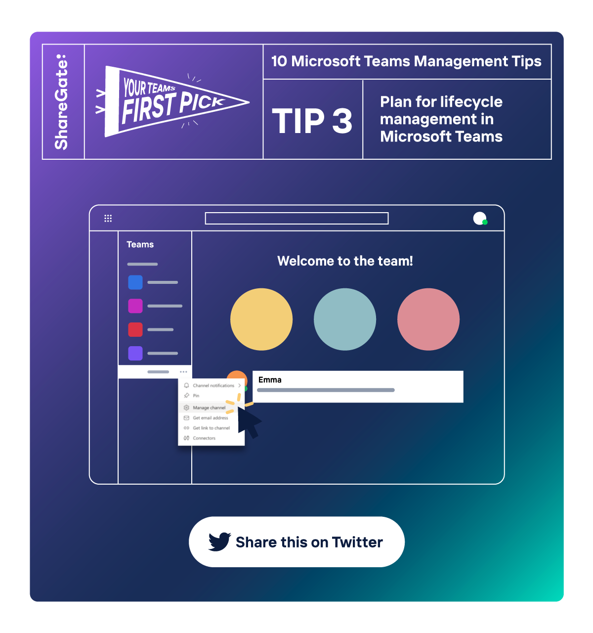 Illustrated infographic showing tip #3: Plan for lifecycle management in Microsoft Teams.