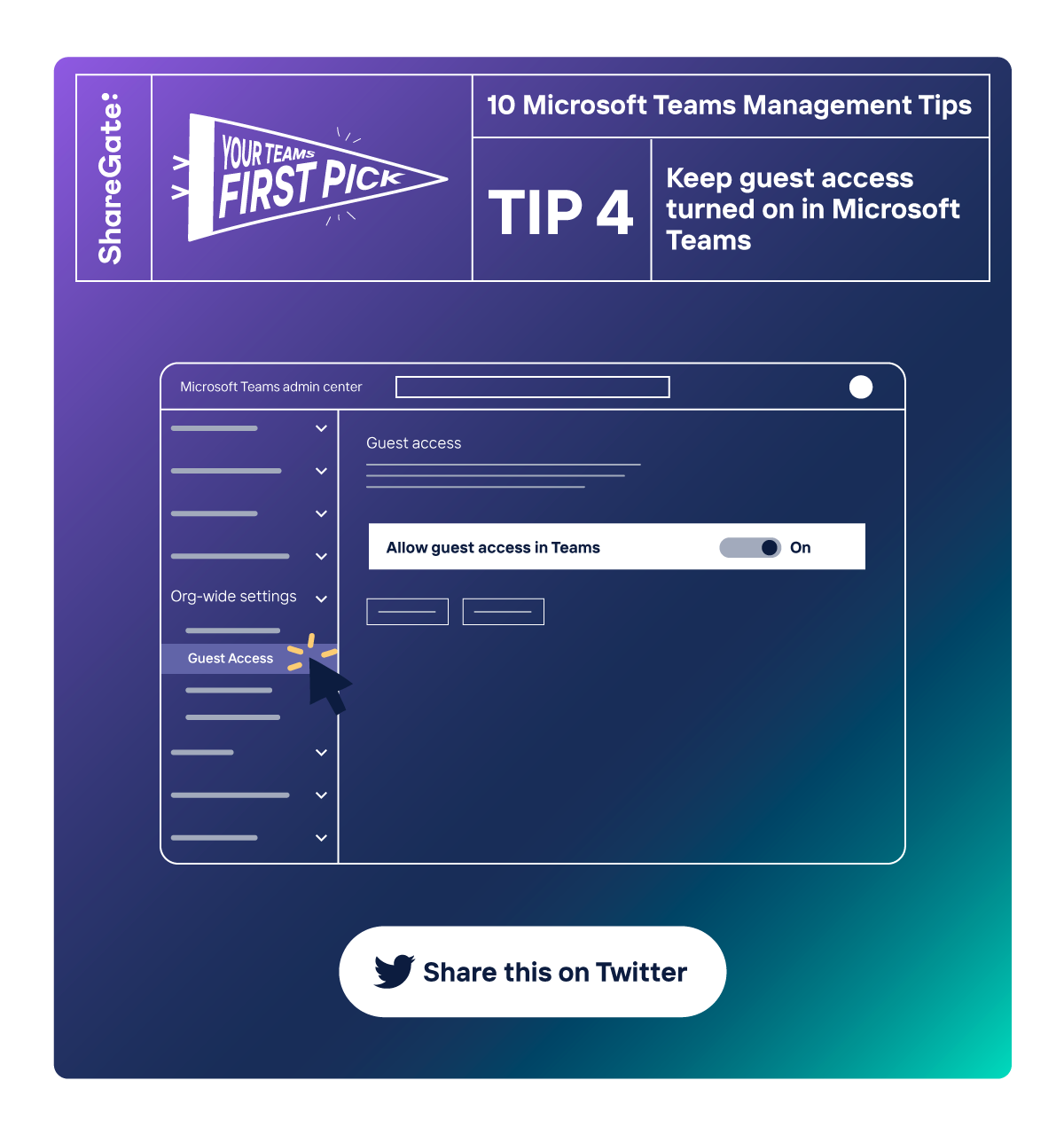 Illustrated infographic showing tip #4: Keep guest access turned on in Microsoft Teams