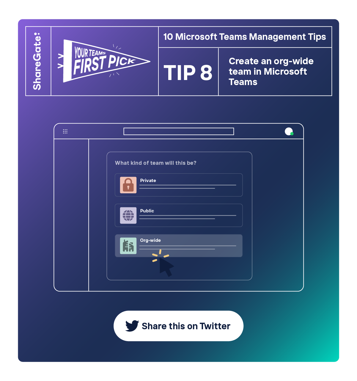 Illustrated infographic showing tip #8: Create an org-wide team in Microsoft Teams.