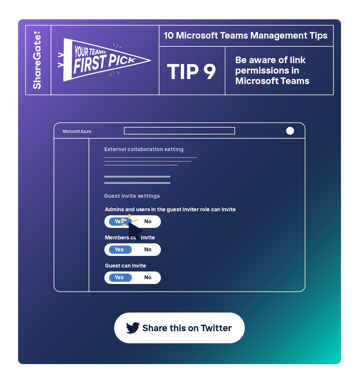 Illustrated infographic showing tip #9: Be aware of link permissions in Microsoft Teams.