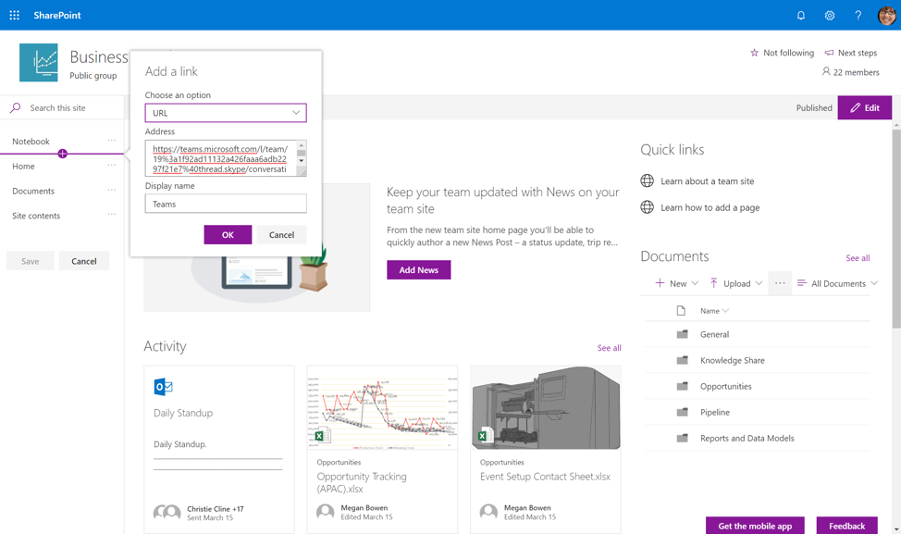 Create a new shortcut to Microsoft Teams team in your SharePoint team site Quick Launch