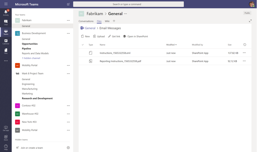 Attachment and email sent from Microsoft Teams channels will also be stored in the SharePoint team site