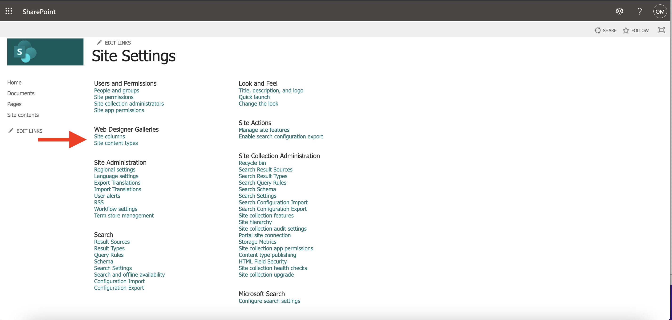 Site Settings Menu