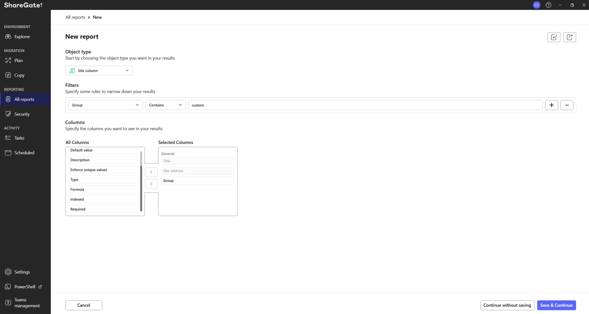 Custom Report Site Column Step 1