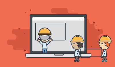 Image of orange background with illustrated construction workers fixing a laptop