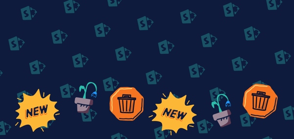 Image of dark blue background with illustrated sharepoint logos and trash cans and the words New