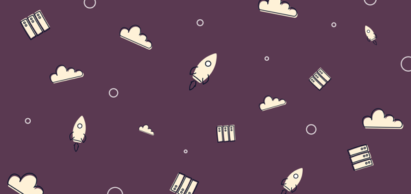 Image of purple background with illustrated clouds and rocket ships