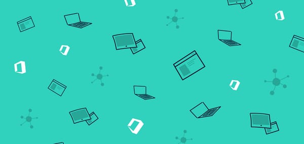Image of turquoise background with illustrated laptops and office 365 logos