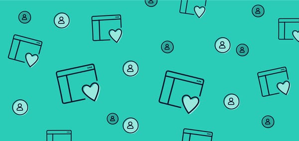 Image of turquoise background with illustrated user icons and screens with little hearts.