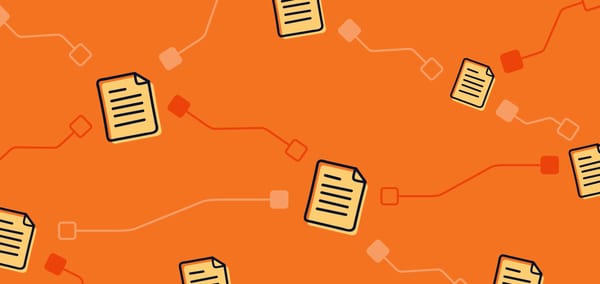 Image of orange background with illustrated documents connected to one another.